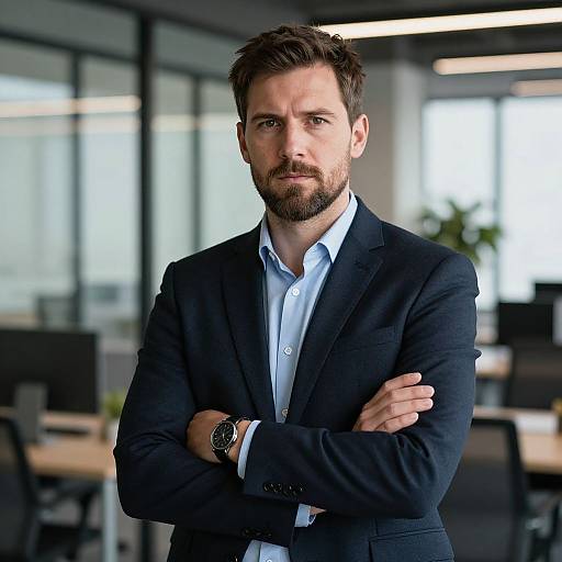 Photograph of a bearded man with short brown hair, wearing a dark blue suit, light blue shirt, and black watch, standing with arms crossed