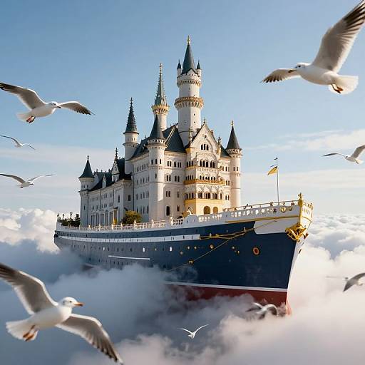 Fantastical digital artwork of a castle-topped, blue-and-white ship floating on clouds, surrounded by white seagulls, under a bright blue