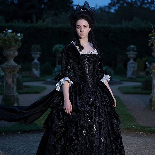 Photograph of a pale-skinned woman in a black, lace Victorian gown with white cuffs, wearing a black headpiece, standing in a dark,