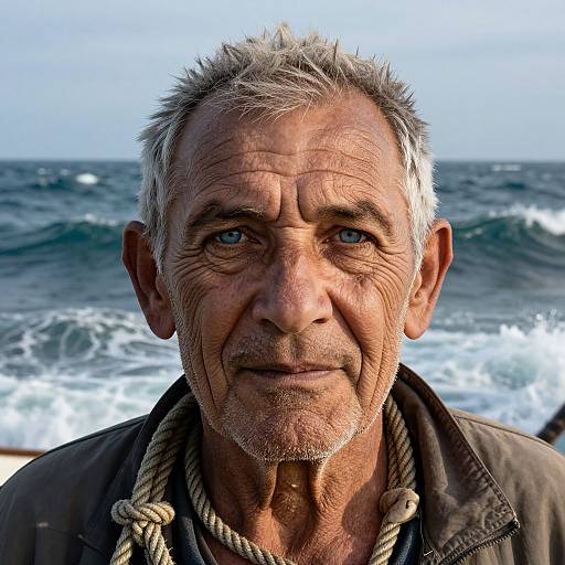 Photograph of an elderly man with weathered face, gray hair, blue eyes, wearing a brown jacket and rope necklace, standing at a wave-filled