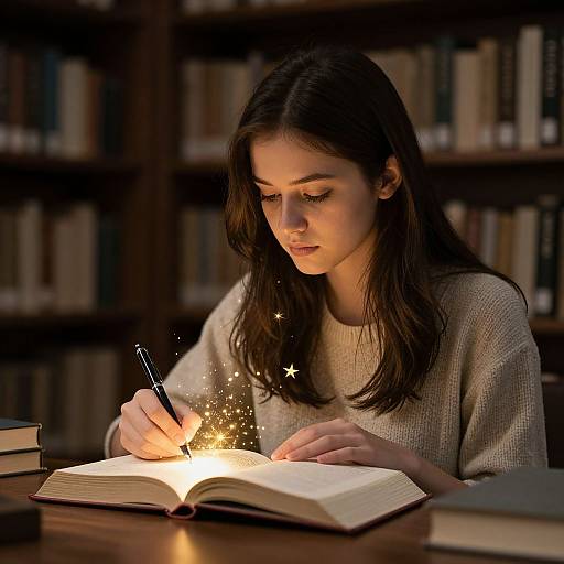 Photograph of a young woman with long brown hair, wearing a beige sweater, writing with a glowing pen on an open book in a dimly lit