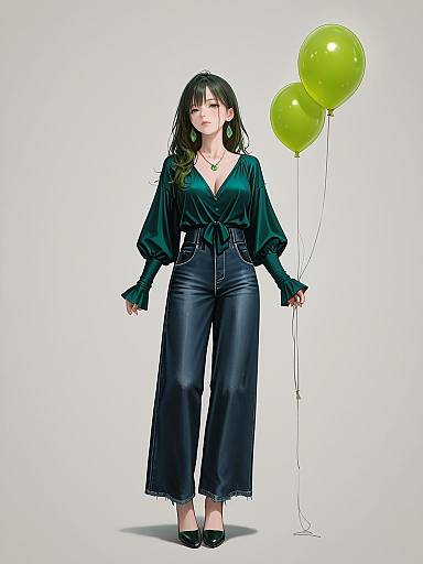Woman in Deep Green Satin Blouse Holding Balloons