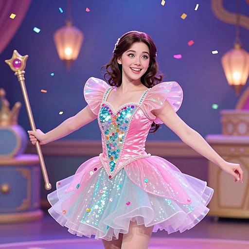 Photograph of a smiling young woman in a sparkling pink and white princess dress with puffed sleeves, holding a golden wand, on a colorful stage with