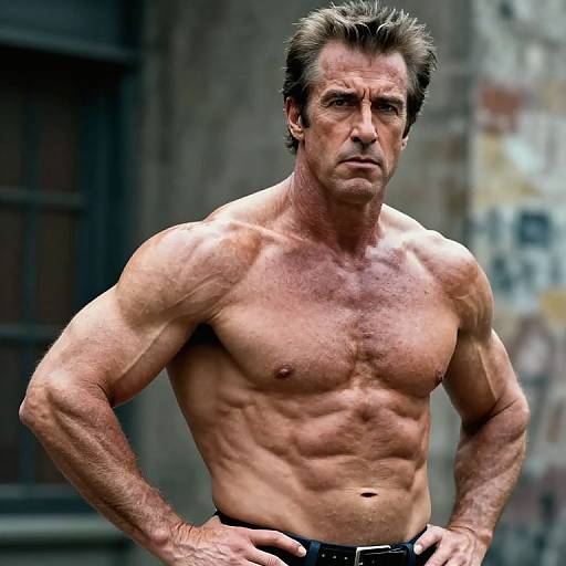 Photograph of a muscular, shirtless middle-aged man with short, dark hair, standing confidently with hands on hips, against a gritty, urban background
