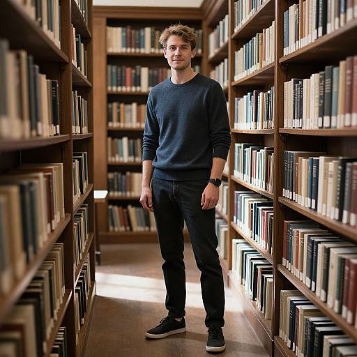 Fit European Man in Sunlit Library