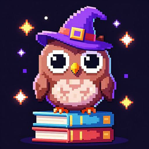 Pixel art of a cute, brown owl with large black eyes, wearing a purple wizard hat, sitting on colorful stacked books against a black background with glowing