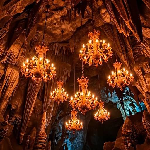Fiery Chandeliers in Stalactite Cavern