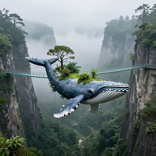 Digital art: A giant blue whale with white stripes, carrying a tiny island with trees and a suspension bridge, flies between misty, forested cliffs