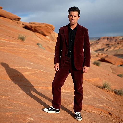 Photograph of a dark-haired man in a black suit, black shirt, and black-and-white sneakers standing on a rocky, desert landscape with orange-red