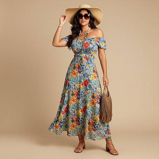 Photograph of a smiling woman in a colorful off-shoulder floral dress, wide-brimmed hat, sunglasses, tan fringe handbag, and