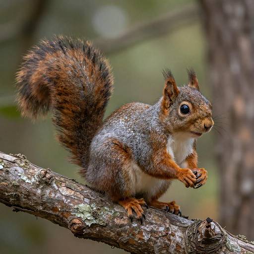 Photograph of a fluffy, brown and gray squirrel with a bushy tail, sitting on a tree branch, holding food in its paws. Bl
