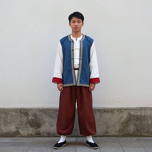 Young Asian man in traditional Korean attire, white shirt, blue embroidered vest, red pants, white socks, black shoes, standing against white wall. Photograph