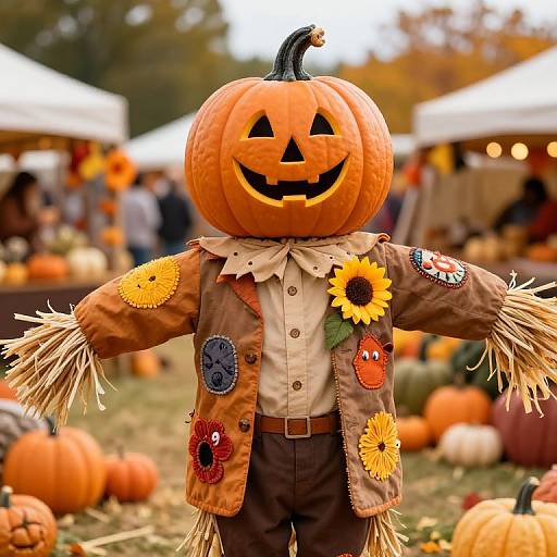 Photograph of a scarecrow with a carved pumpkin head, brown jacket adorned with buttons and sunflowers, straw arms, standing in a pumpkin-filled autumn