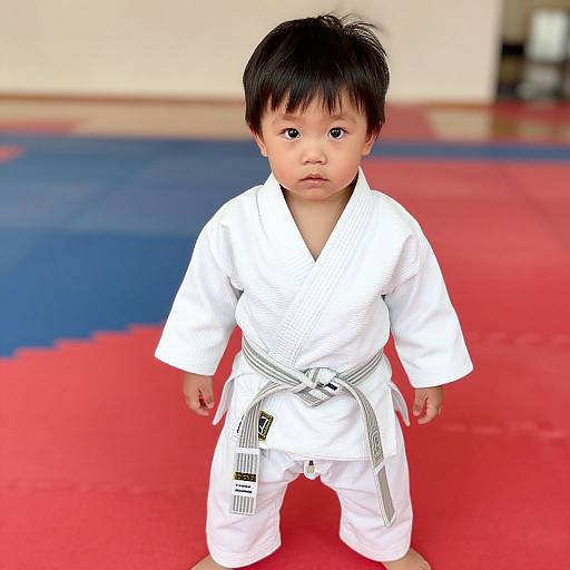 Photograph of an Asian toddler with black hair, wearing a white karate gi with a gray belt, standing on red and blue mat.