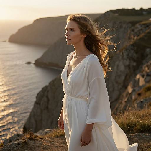Photograph of a fair-skinned woman with long, wavy brown hair in a flowing white dress, standing on a rocky cliff at sunset, overlooking