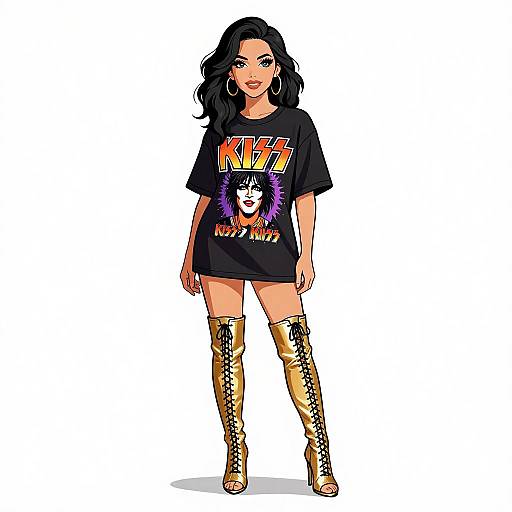 Digital illustration of a black-haired woman in a black KISS t-shirt and knee-high, lace-up, gold boots, standing against a white background.