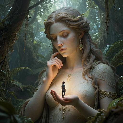 Digital artwork of a fair-skinned, ethereal woman with wavy brown hair, wearing gold accessories, gently holding a tiny man illuminated by light,
