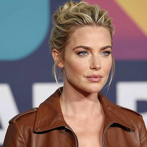 Blonde Woman in Brown Leather Jacket