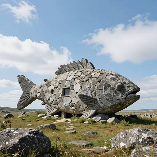Photograph of a large, stone fish sculpture with mosaic texture, standing on grassy terrain with rocks, under a bright blue sky with white clouds.