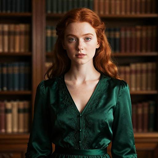 Elegant Young Woman in Victorian Library