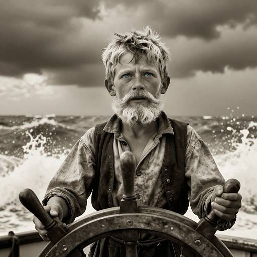 Photograph of a rugged, bearded man with messy hair gripping a weathered ship wheel, set against a stormy ocean and dramatic cloudy sky.