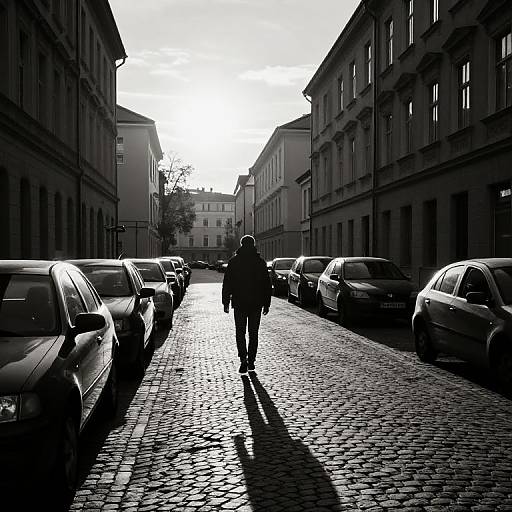 Black-and-white photograph of a lone figure walking down a cobblestone street between parked cars, with tall buildings on both sides. Silhouetted
