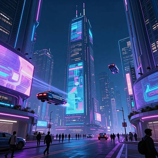 Neon-lit futuristic cityscape at night, featuring towering skyscrapers with glowing blue and pink signs, hovering cars, and pedestrians.