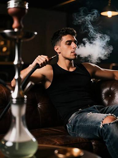Cinematic Shisha Portrait on Leather Sofa