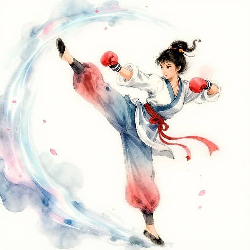 Digital illustration of a female martial artist kicking, wearing a white and blue gi with red belt, red gloves, and black socks. Swirling blue and