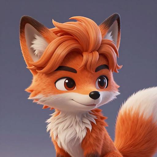 CGI image of a cute, anthropomorphic orange fox with large, expressive brown eyes, fluffy orange and white fur, and a tuft of red