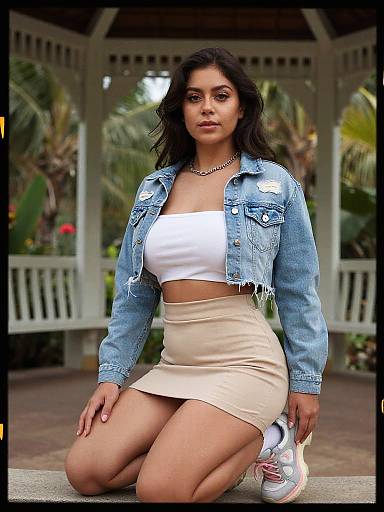 Photograph of a dark-haired woman kneeling outdoors, wearing a blue denim jacket, white crop top, beige mini skirt, and white sneakers, with a