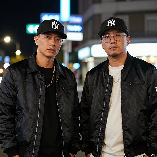 Photograph of two Asian men at night, wearing black NY Yankees caps, black jackets, and glasses, standing side by side in a brightly lit urban