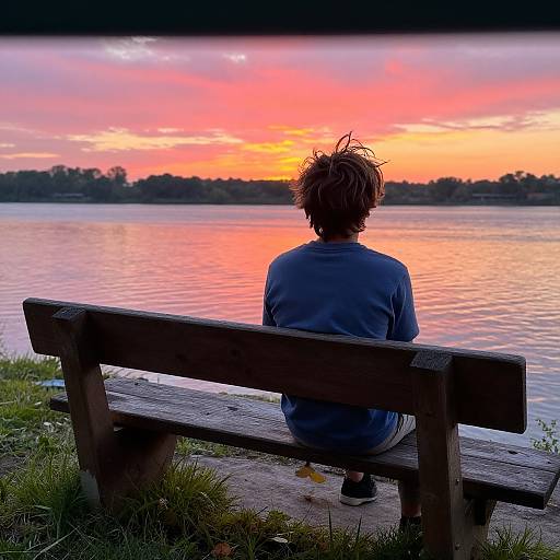 Boy Sitting by River at Sunset