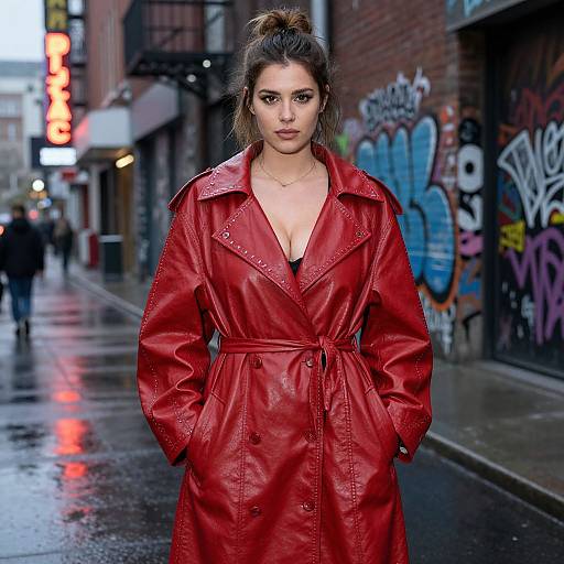 Photograph of a confident woman with dark hair in a top knot, wearing a red leather trench coat, standing on a wet, graffiti-covered urban street