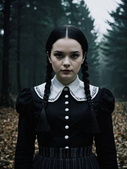 Woman in Wednesday Addams Costume in Forest