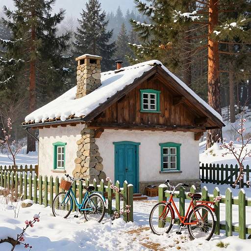 Vivid Fresco Mountain Cabin Scene