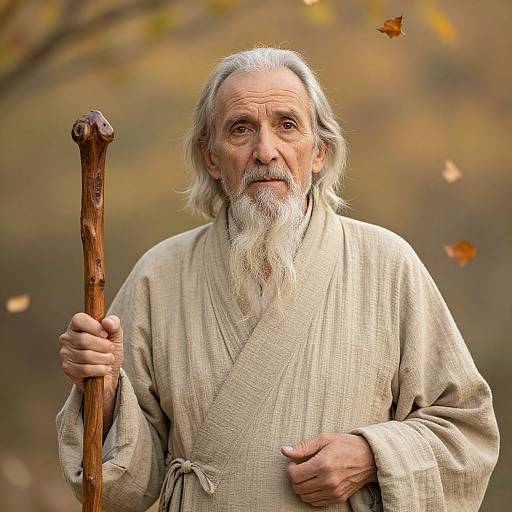 Photograph of an elderly white man with long white hair and beard, wearing a beige robe, holding a wooden staff, against a blurred autumn background with