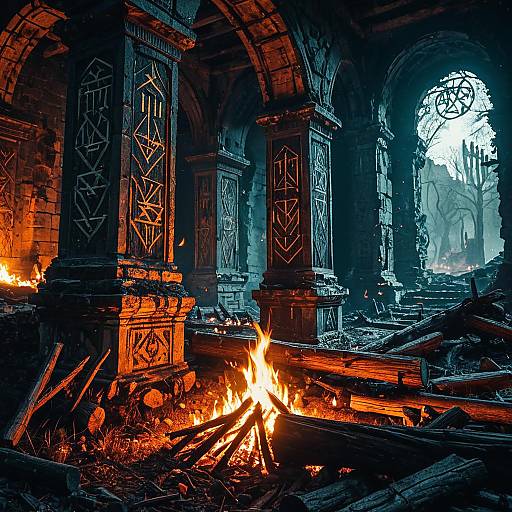 Mystical Ruins with Burning Campfire and Ancient Runes