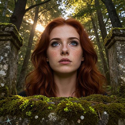 Red-haired woman in forest ruins