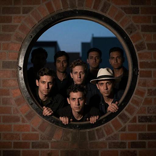 Six Men Peering Through Circular Window