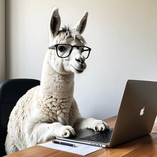 Llama Working on Laptop Wearing Glasses