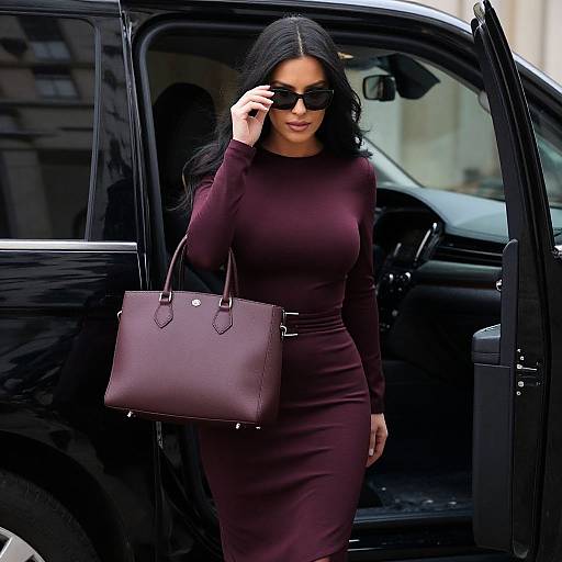 Photograph of a curvy woman with long black hair, wearing a tight, long-sleeved, dark maroon dress, black sunglasses, and