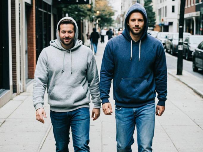 Two men walking on city street in hoodies