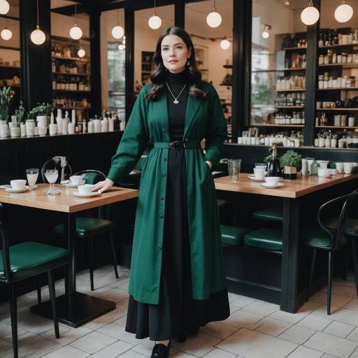 Woman in Emerald Green Robe in Cozy Café
