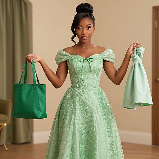 Photograph of an elegant Black woman with a high bun, wearing an off-the-shoulder, mint green, lace-embroidered ball gown