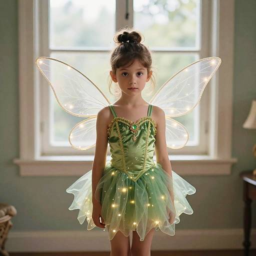 Young Girl in Tinkerbell Fairy Costume with Lighted Wings