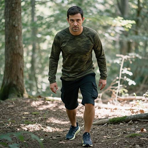Photograph of a muscular man with short black hair, wearing a camouflage long-sleeve shirt, black cargo shorts, and blue sneakers, walking in