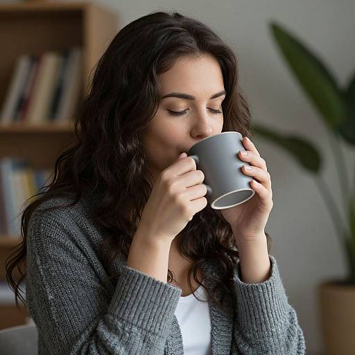 Photograph of a woman with wavy dark hair, wearing a gray knit sweater, sipping from a gray mug, in a cozy, bookshelf