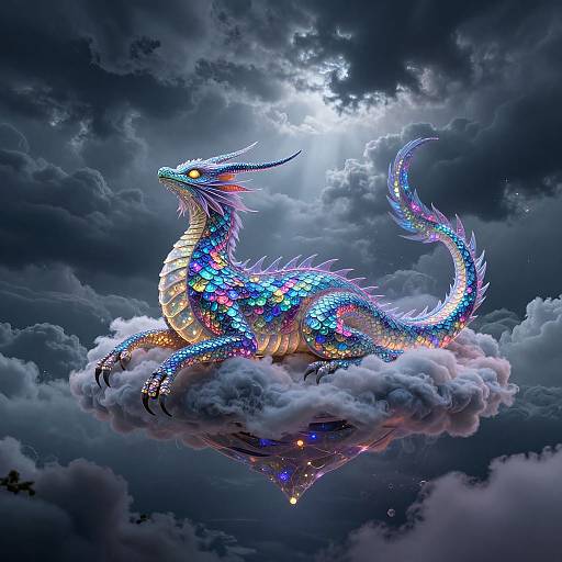 Digital fantasy artwork of a vibrant, multicolored dragon with glowing scales, perched on a cloud under a luminous, stormy sky.