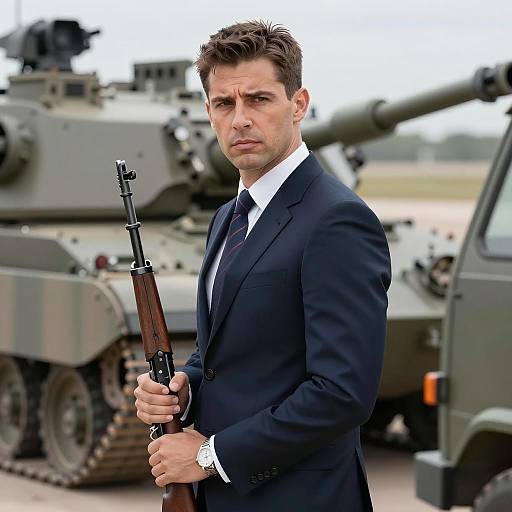 Serious Man in Suit with Rifle